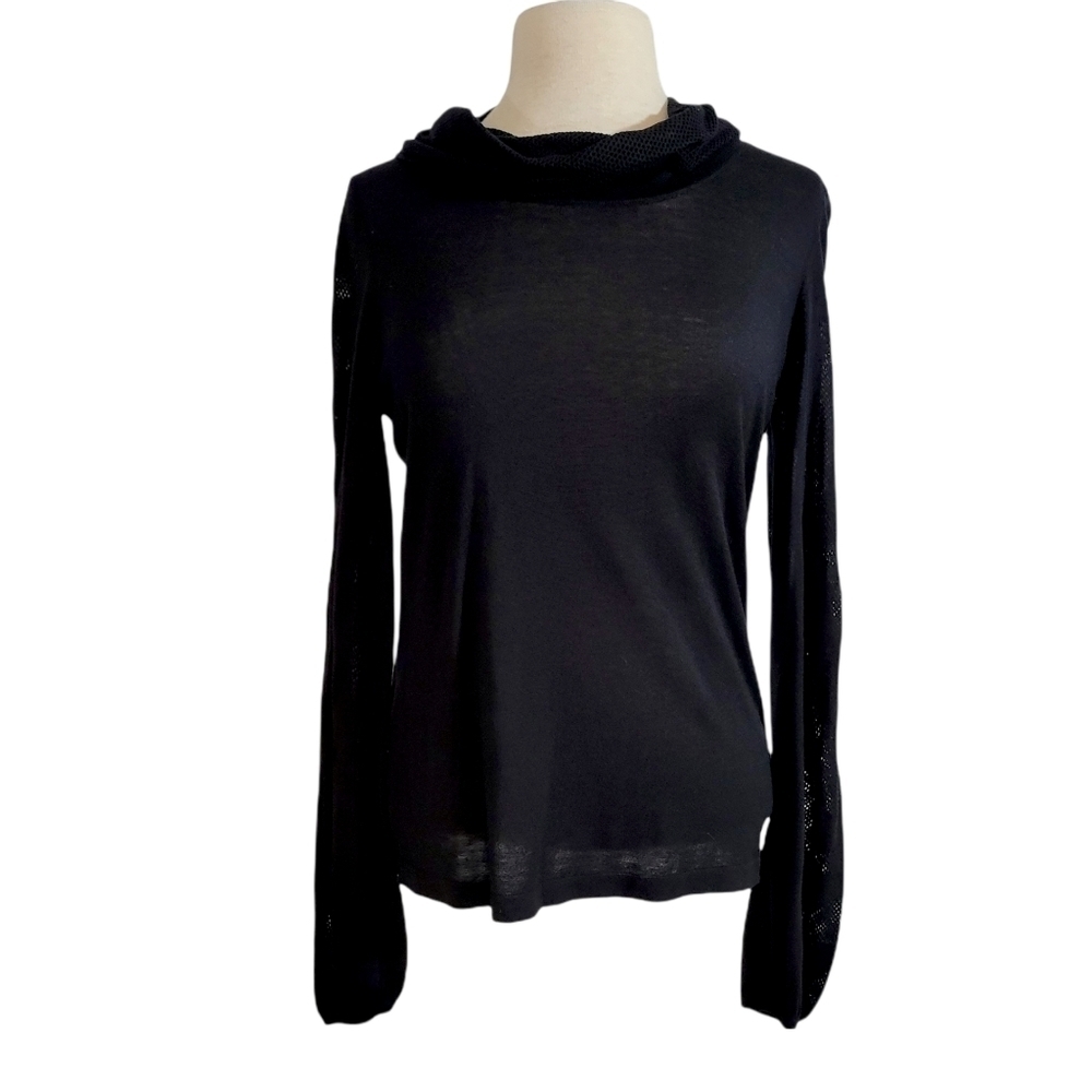 Escada Black Cowl Neck Open Crochet Sleeve Sweater